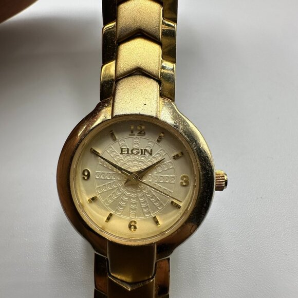 Elgin Watch Women Gold Tone Round 21MM Dial New Battery 7 Inch - Picture 7 of 15